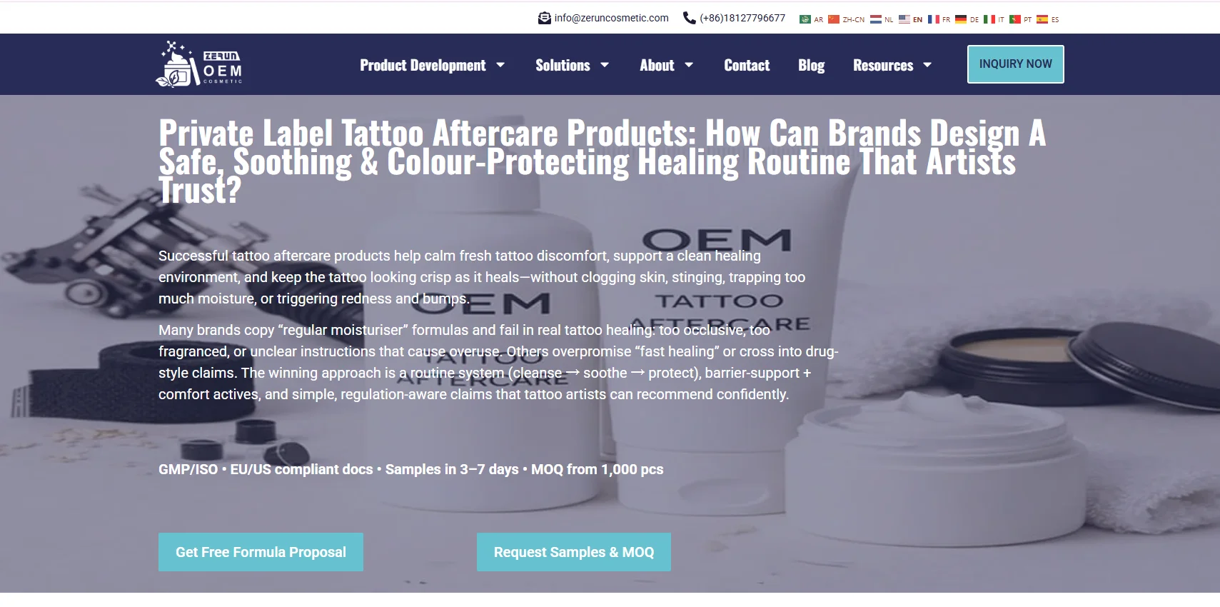 Website page showcasing private label tattoo aftercare products with text explaining benefits and solutions, featuring cream and packaging bottles.